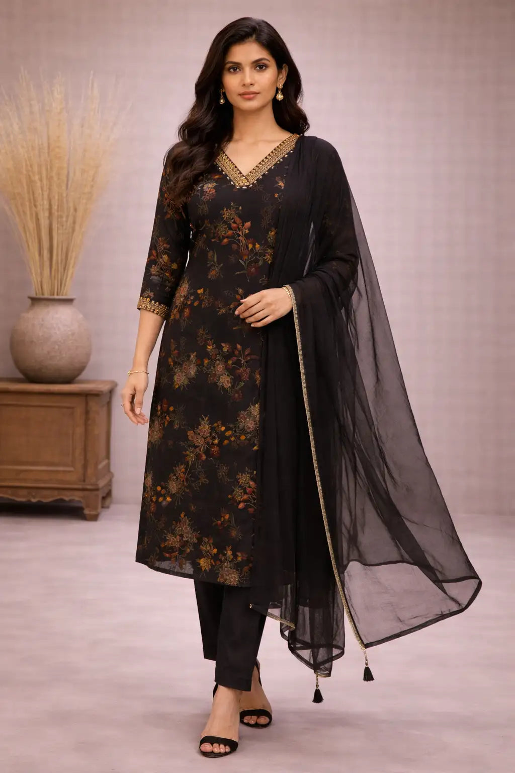 Women's Black Silk Floral Printed Kurta Pant Set with Dupatta